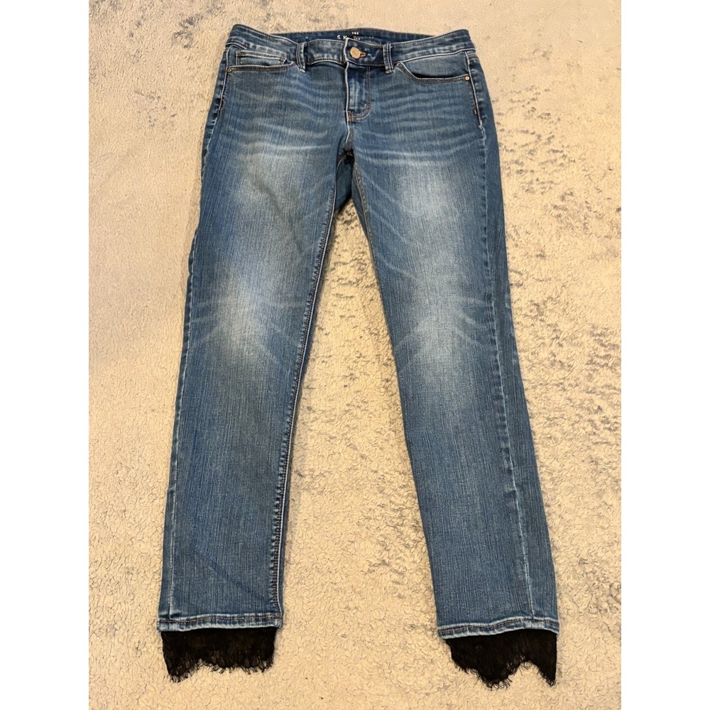 White House Black Market Skinny Ankle Jeans 2 Blue Denim Black Lace Hem
